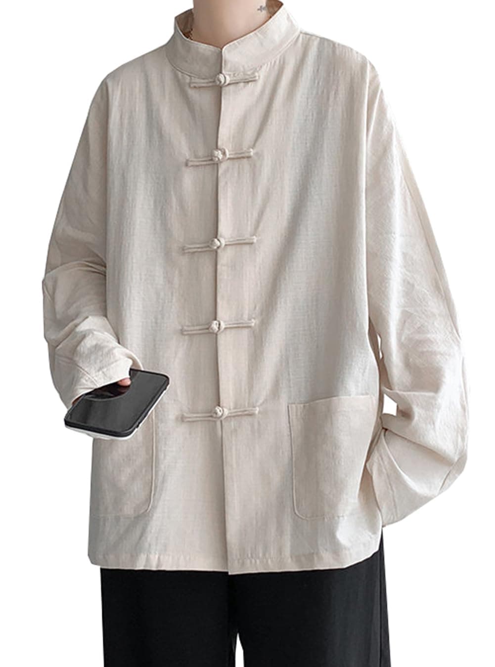 【送料無料】[JIYUTOR] 綿麻シャツ 長袖 メンズ チャイナ風 白シャツ 長袖シャツ 立ち襟 無地 中国風シャツ トップス 上着 中華風 インナー 唐装 漢服 太極拳 武術服 チャイナボタン 練習用 男性 大きいサイズ 色：アプリコット、サイズ：5XL