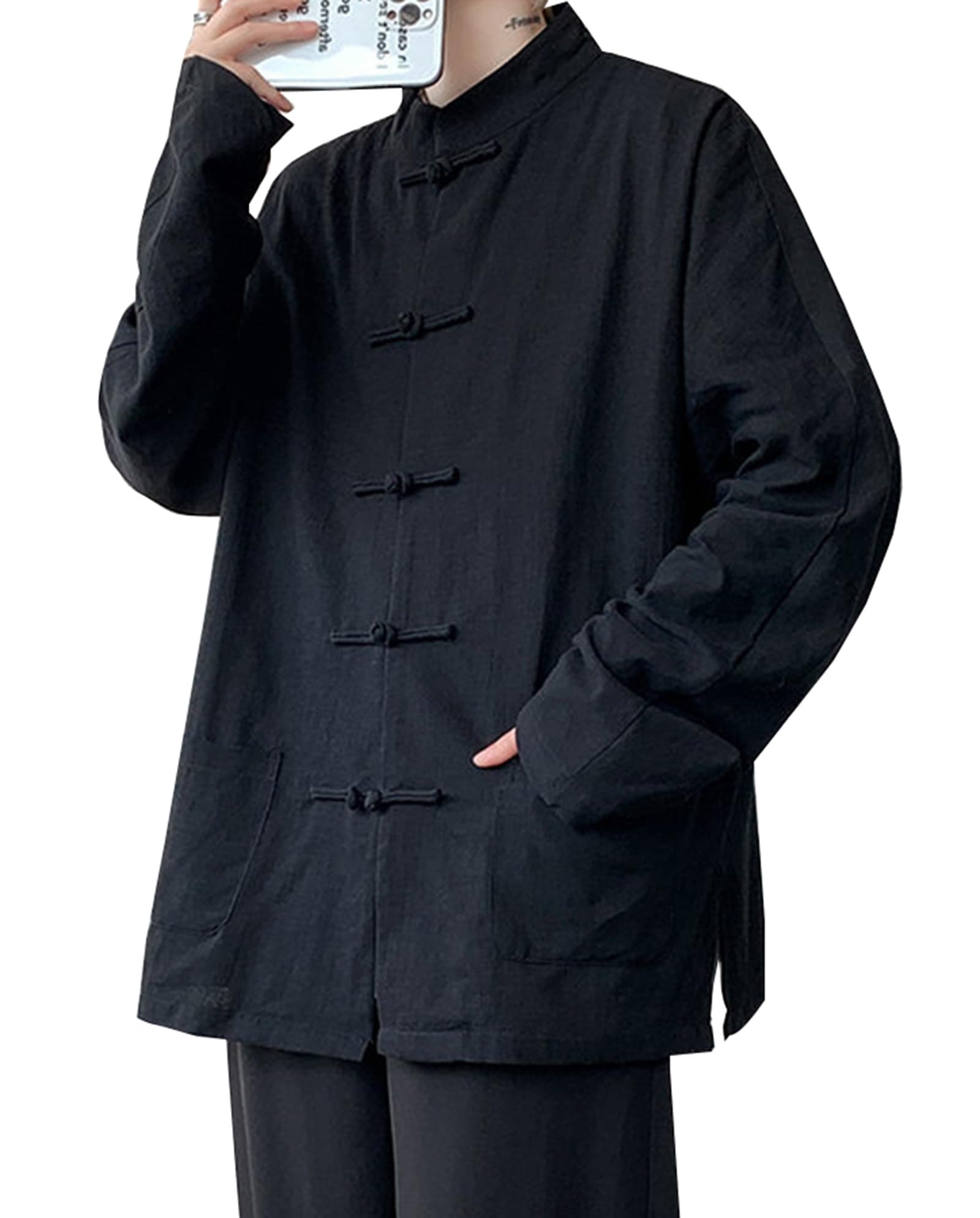 【送料無料】[JIYUTOR] 綿麻シャツ 長袖 メンズ チャイナ風 白シャツ 長袖シャツ 立ち襟 無地 中国風シャツ トップス 上着 中華風 インナー 唐装 漢服 太極拳 武術服 チャイナボタン 練習用 男性 大きいサイズ 色：ブラック、サイズ：4XL