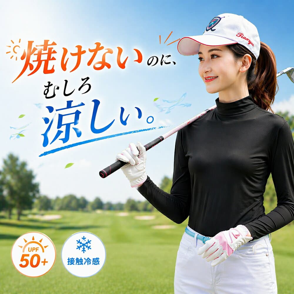 ＼ポイント2倍!9日1:59迄／【クーポン配布中】ゴルフ インナーウェア シャツ レディース ひんやり アウトドア スポーツ UVカット ゴルフウェア 日焼け防止 長袖 ハイネック 夏 UPF50 インナー 送料無料