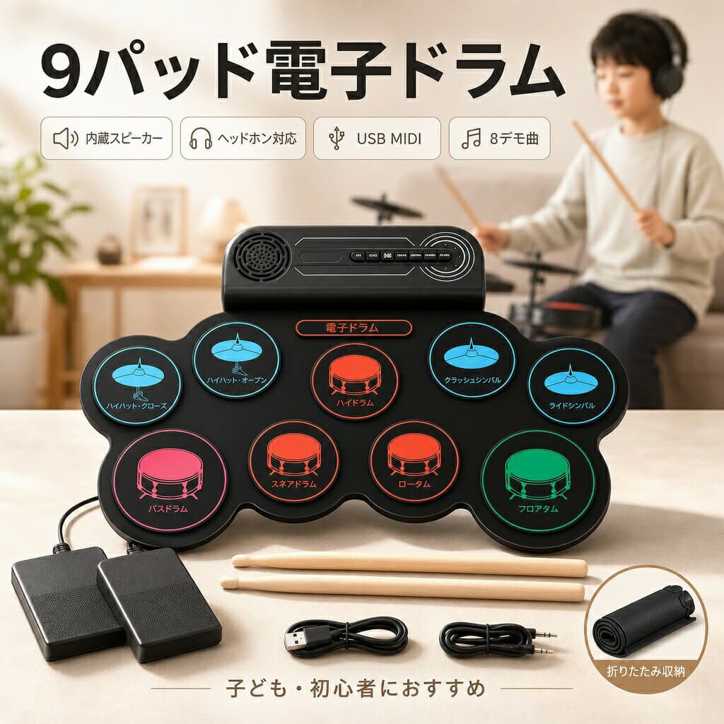 【マラソン最大1000円オフ】電子ドラムセット 9パッド ロールアップ ポータブル シリコンドラム 内蔵スピーカー ヘッドフォンジャック USB MIDI デモ曲8曲 初心者向け デュアルペダル 電子パッド 練習用 自宅練習 防音 軽量 収納 便利 人気