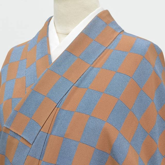 ＼17周年SALE★ポイント10倍+50%OFF／【30%OFF★在庫復活】 【中古】 江戸小紋 リサイクル着物 正絹 仕立て上がり 寺山存男作 裄67cm L 身丈165cm L ちょっとふくよかL 青色系 市松文様 特品★★★★ pp0553b