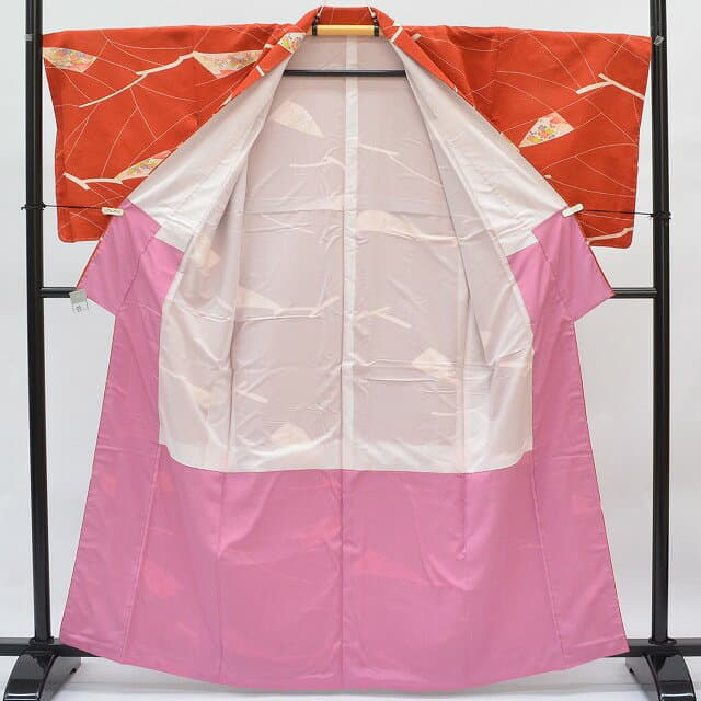 ＼P10倍＋50%OFF／【中古】 小紋 リサイクル着物 身丈151.5cm 裄丈69cm 正絹 S オレンジ色系 花文様 上質 セミフォーマル 春 夏 秋 冬 仕立て上がり thumbnail 3