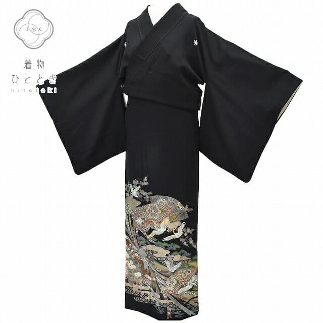 ＼17周年SALE★ポイント10倍+50%OFF／【中古】 黒留袖 リサイクル着物 身丈166.3cm 裄丈67cm 正絹 五つ紋 比翼付き 仕立て上がり 結婚式 金駒刺繍 LL ちょっとふくよかL 黒系 飛鶴 束ね熨斗文様 特品 【 着物 帯 リサイクル 振袖 浴衣 袴 和服 古着 】