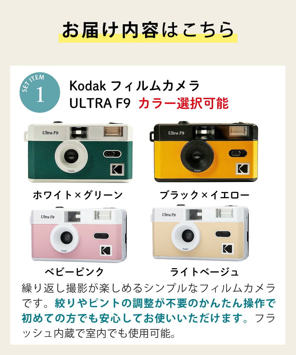 フィルムカメラ KODAK コダック ULTRA F9 35mm カラーフィルム36枚付 全4色 ベビーピンク ベージュ ブラックイエロー ホワイトグリーン フラッシュ内蔵 初心者向け 繰り返し使用 ピント調整不要 レトロ撮影 修学旅行 軽量170g 単4電池 セット thumbnail 3