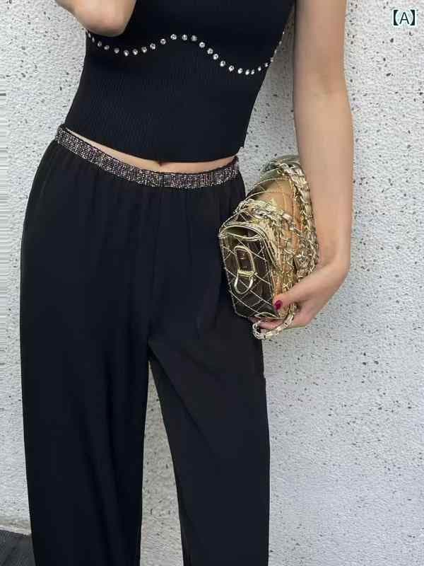 パンツ レディース ワイドパンツ サーティーン ラインの 高級 アセテート サテン パンツ。 レディースの 夏向け 薄手 ホット ラインストーン ハイエンド ドレープ ストレート フロア レングス ワイド レッグ