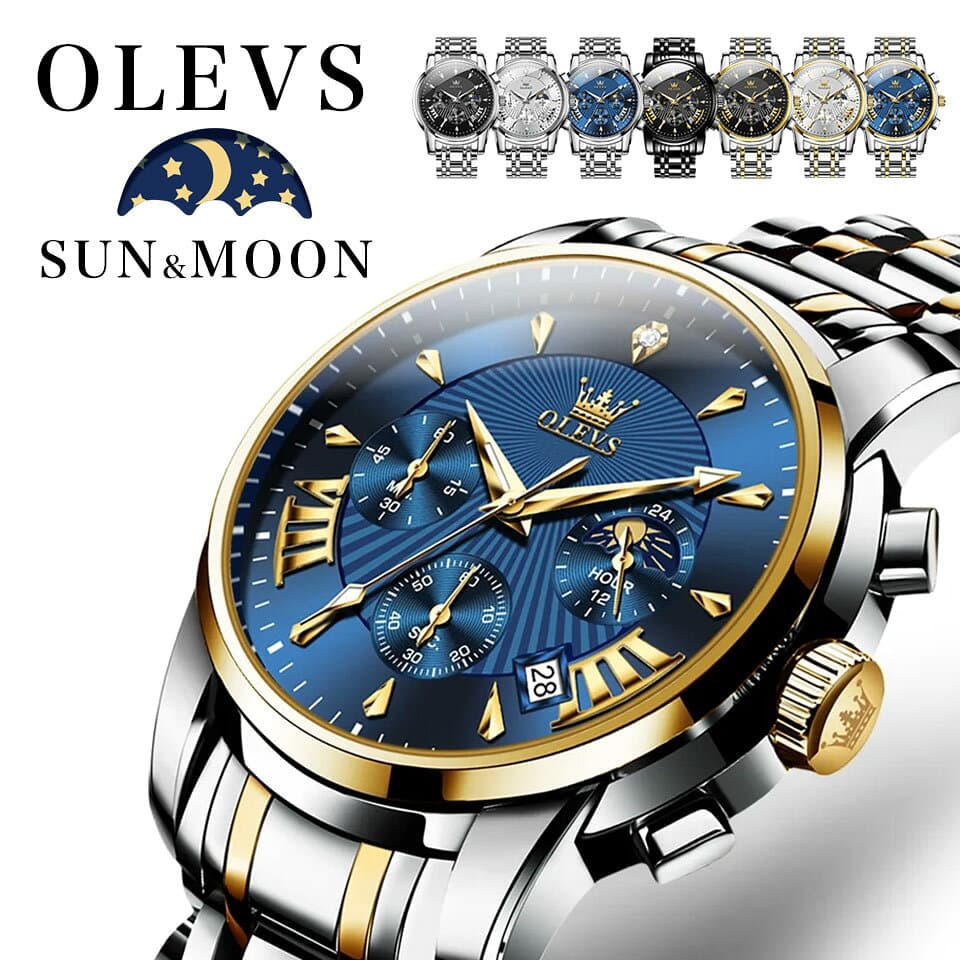 腕時計 メンズ クロノグラフ ムーンフェイズ ブランド OLEVS オレブス メンズ腕時計 北欧デザイン ストップウォッチ 機能 かっこいい おしゃれ 安い デザインウォッチ 時計 クロノ 男性用 シンプル 高級感 防水 プレゼント【レビュー特典】 — 1/3