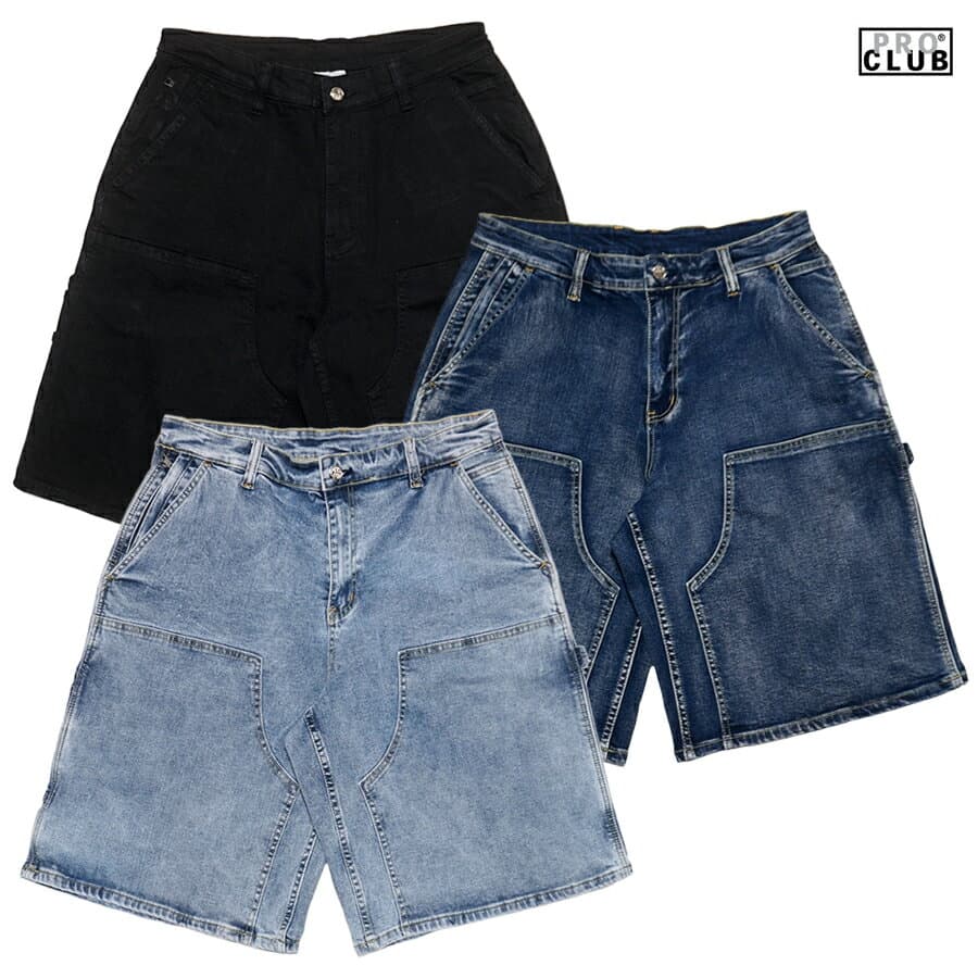 【SPECIAL PRICE★送料無料★ラスト1点】PRO CLUB HEAVYWEIGHT DOUBLE KNEE CARPENTER DENIM SHORTS【LIGHT BLUE/DARK BLUE/BLACK】(プロクラブ 大きいサイズ デニムショーツ ハーフパンツ ダブルニーショーツ)