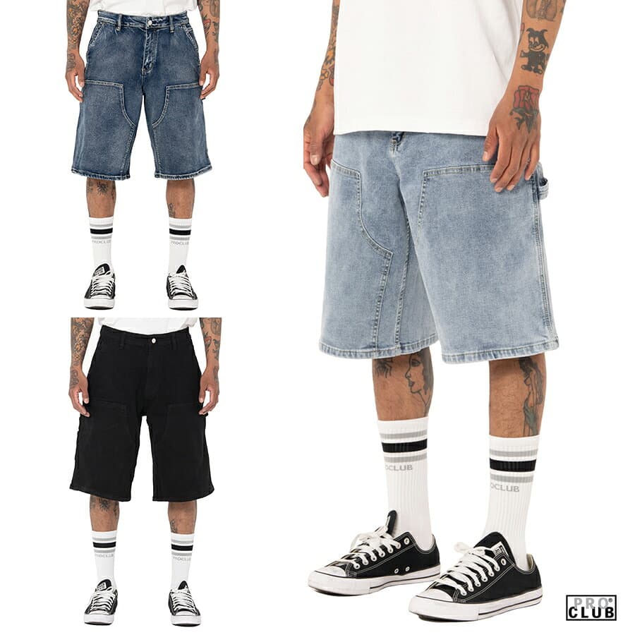 【SPECIAL PRICE★送料無料★ラスト1点】PRO CLUB HEAVYWEIGHT DOUBLE KNEE CARPENTER DENIM SHORTS【LIGHT BLUE/DARK BLUE/BLACK】(プロクラブ 大きいサイズ デニムショーツ ハーフパンツ ダブルニーショーツ) thumbnail 2