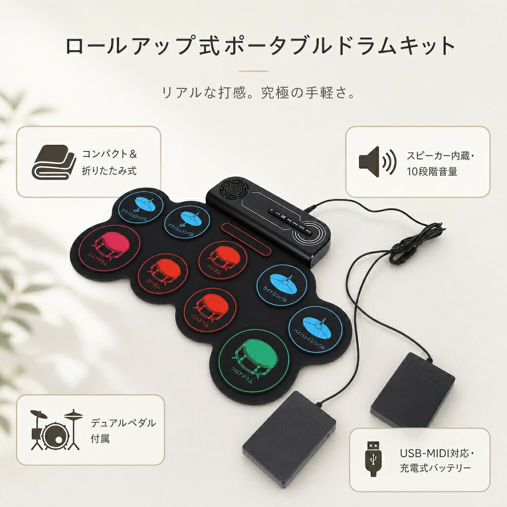 電子ドラムセット 9パッド ロールアップ ポータブル シリコンドラム 内蔵スピーカー ヘッドフォンジャック USB MIDI デモ曲8曲 初心者向け デュアルペダル 電子パッド 練習用 自宅練習 防音 軽量 収納 便利 人気 おしゃれ 楽器 ギフト プレゼント 子ども 大人 thumbnail 3
