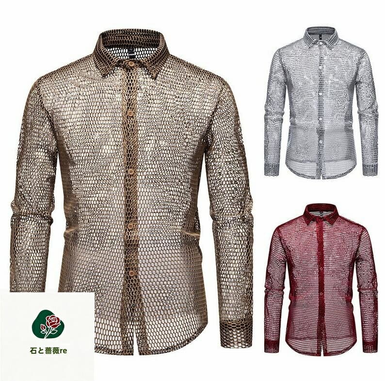メンズ透彫りシャツ　全身　舞台演出服 セクシーカラオケ衣装 長袖 メッシュシャツ カジュアルシャツイベント 撮影 ダンスウェア シャツ パーティー メンズ 司会者 ジャズダンス衣装　男性用 ステージ衣装 トップス 舞台演出服　ダンス衣装