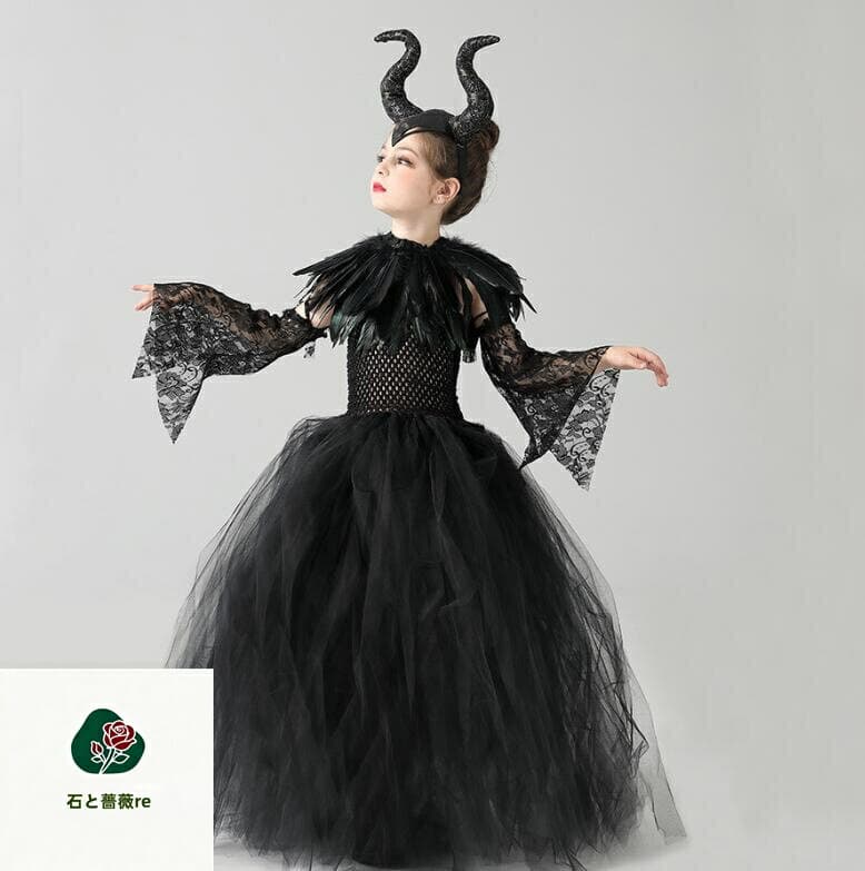 子供ハロウィン魔女コスプレワンピース　女の子マキシ丈チュールスカート　ふんわり　悪魔cosplay　クリスマス　チュチュスカート　編み上げ　翼　イベント　コスチューム　パーティー