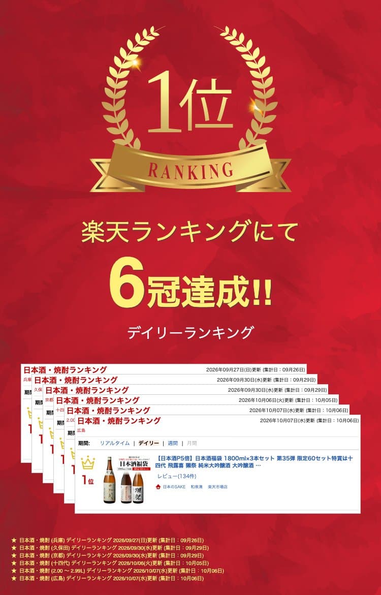 【日本酒P5倍】日本酒福袋 1800ml×3本セット 第35弾 限定60セット特賞は十四代 飛露喜 獺祭 純米大吟醸酒 大吟醸酒 純米酒 くじ 清酒 虎S thumbnail 2