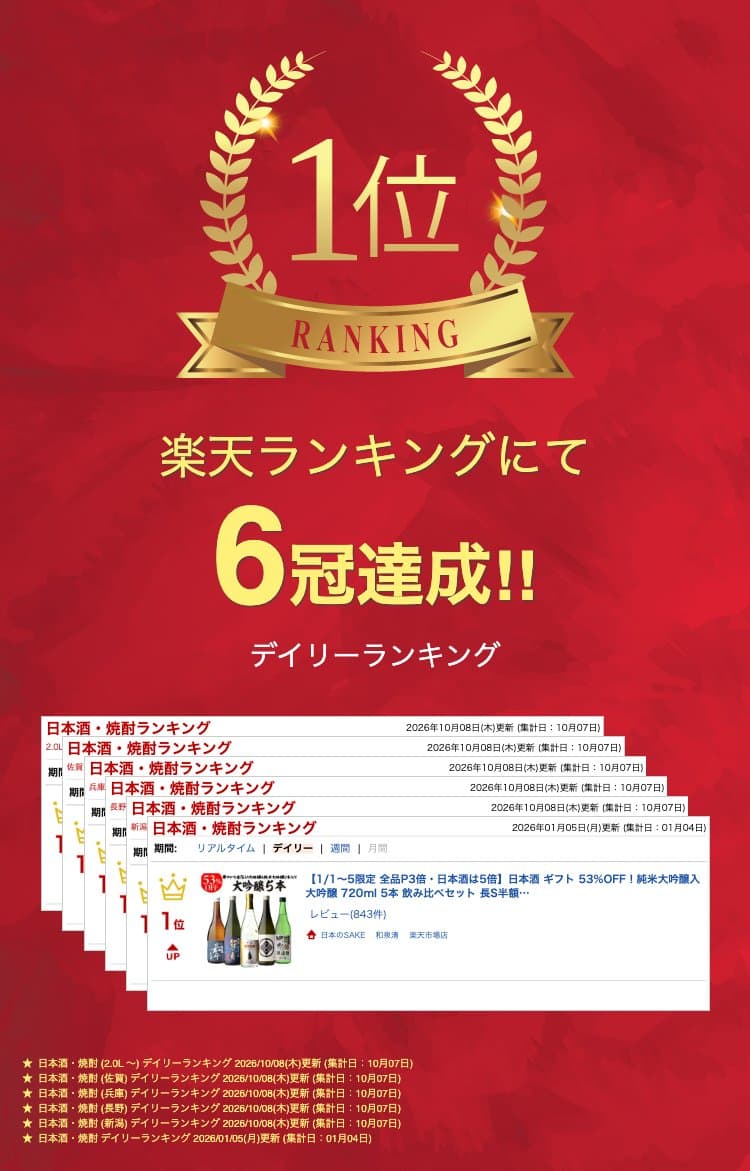 【日本酒P5倍】バイヤー厳選！大吟醸飲み比べ 720ml 5本 54%OFF！純米大吟醸入 飲み比べセット 長S 半額 4合瓶 四合瓶 清酒 ギフトセット 日本酒 新潟 飲み比べ 辛口 冷酒 お酒 ギフト [KOB] 最強配送 thumbnail 2