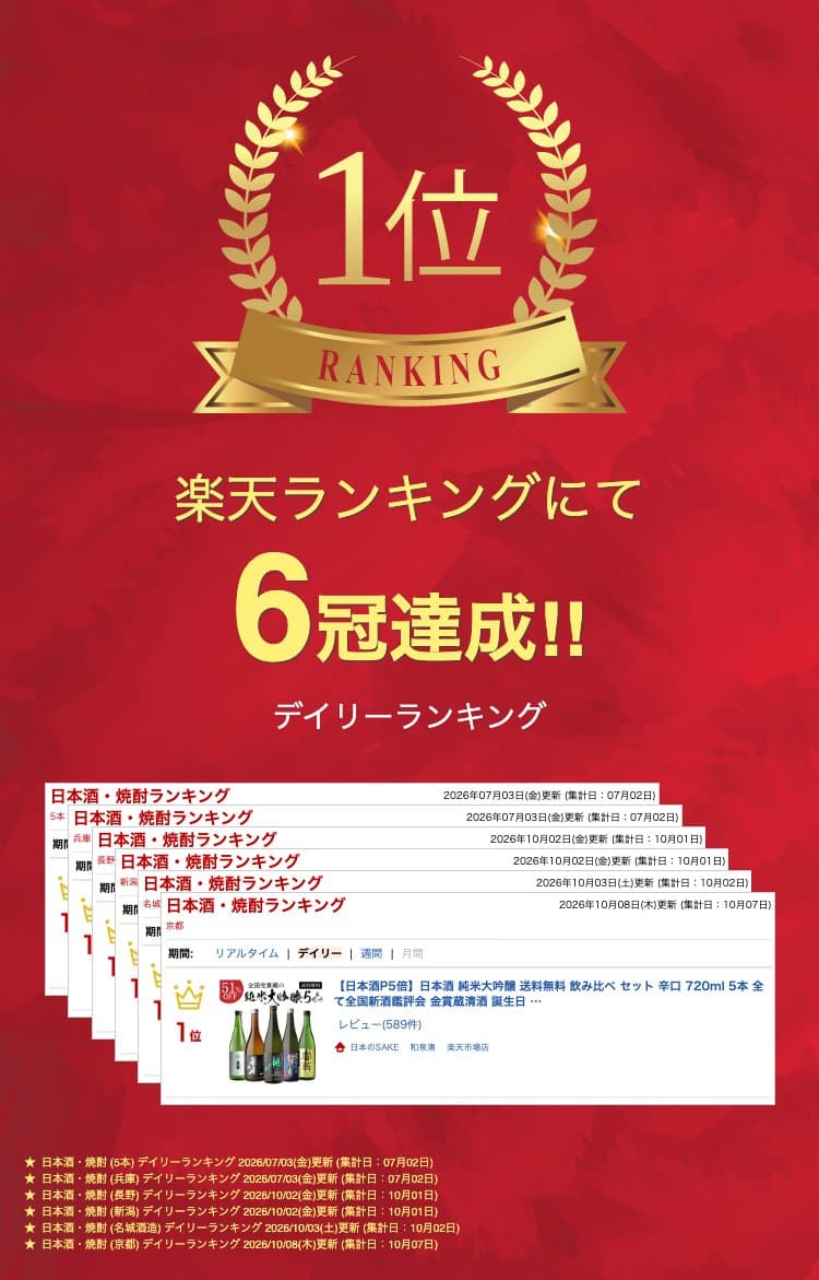 【日本酒P5倍】日本酒 純米大吟醸 送料無料 飲み比べ セット 辛口 720ml 5本 全て全国新酒鑑評会 金賞蔵清酒 誕生日 プレゼント 贈答 贈り物 ギフト お酒 お中元 長S 予約 2026/10/16以降発送予定 thumbnail 2