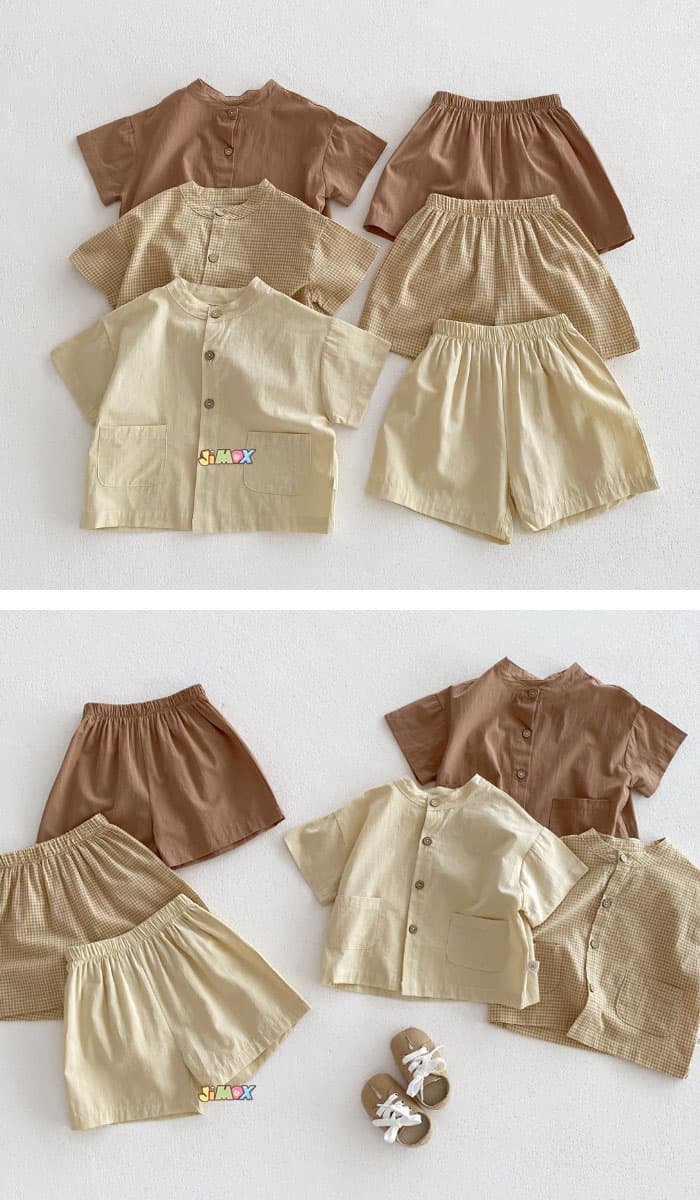 【即納】100cm子供服　2点セット　上下セット　セットアップ　ブラウス×半ズボン　ショートパンツ　夏福　男の子　ベビー服　学園風　通園　夏服　カジュアル　チェック柄　無地　シャツ×ショートパンツ　可愛い　夏　半袖　ルーム thumbnail 3