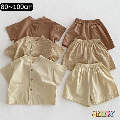 【即納】100cm子供服　2点セット　上下セット　セットアップ　ブラウス×半ズボン　ショートパンツ　夏福　男の子　ベビー服　学園風　通園　夏服　カジュアル　チェック柄　無地　シャツ×ショートパンツ　可愛い　夏　半袖　ルーム