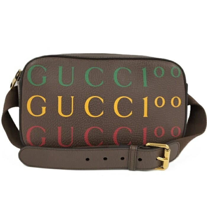 【中古】GUCCI ベルトバッグ 100周年記念 レザー ブラウン マルチカラー 602695