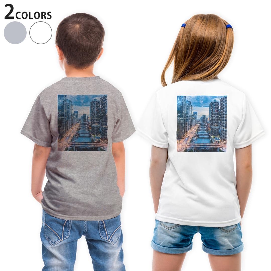 Tシャツ キッズ バックプリント 半袖 白地 デザイン 90 100 110 120 130 140 150 Tシャツ ティーシャツ T shirt 023724 都市　夜景　風景