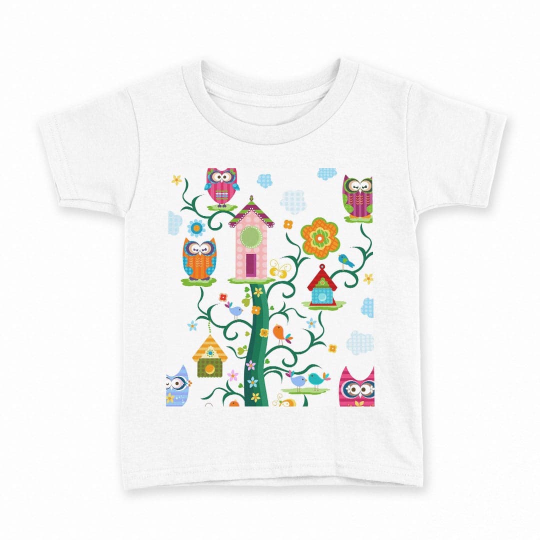 tシャツ キッズ 半袖 白地 デザイン 100 サイズ Tシャツ ティーシャツ T shirt 005275 フクロウ　家　イラスト