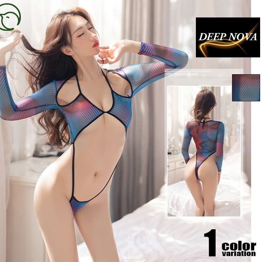DEEP NOVAレディース ボディスーツ レディース DEEP NOVA/ディープノバ セクシー 幾何学柄 シースルー 長袖 ハイカット ストラップデザイン ボディライン強調　女性用　上下一体型　Tバック