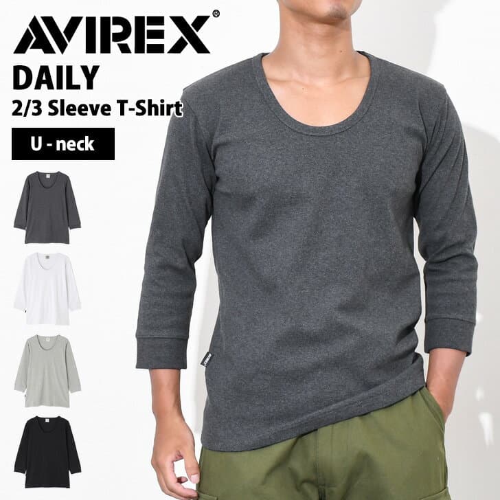 ＼本日店内EVENT／ POINT 送料無料 AVIREX アビレックス デイリー Uネック 7分袖 2/3 スリーブ Tシャツ メンズ ブランド 厚手 大きいサイズ トップス 抗菌 防臭 伸縮性 ストレッチ 柔らか おしゃれ 無地 レイヤード メール便