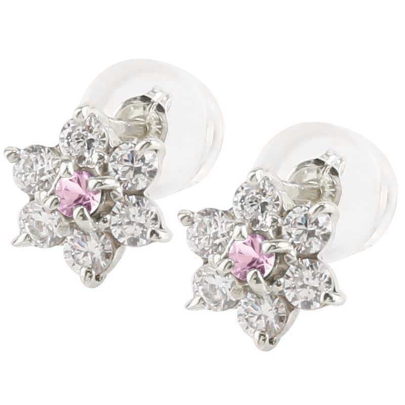 かざり屋 ジュエリー 30代 40代 50代 [ポスト太め0.9ミリ] プラチナ ピアス ダイヤモンド ピンクサファイア ピアス 花 フラワー スタッドピアス レディース 天然石 ダイヤ 9月誕生石 レディース 笑顔になる お守り