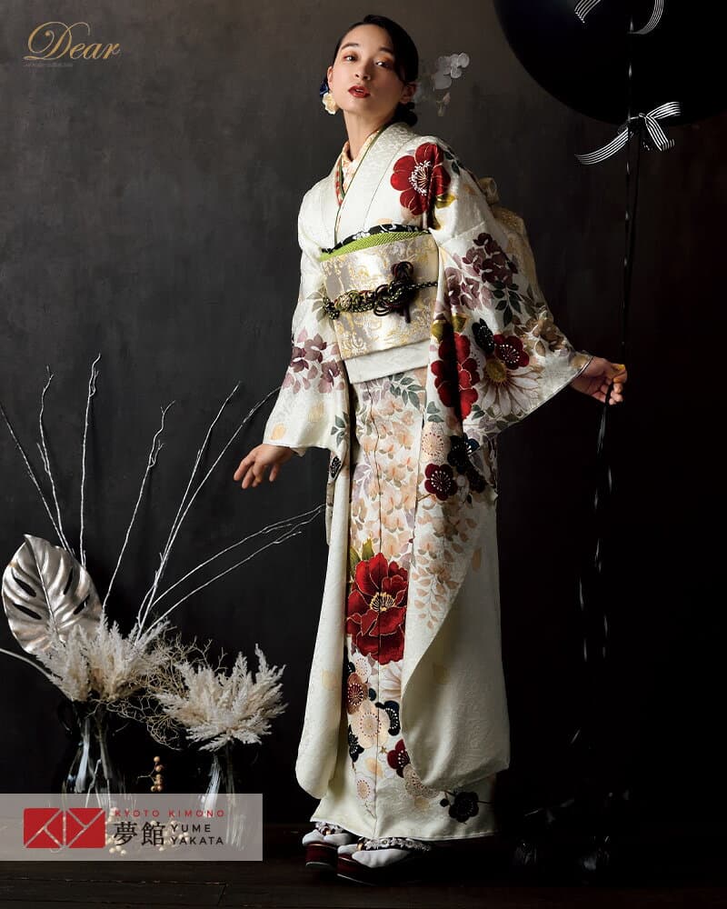 〔成人式 振袖 レンタル〕RS1957 正絹 淡クリーム 牡丹と藤花 Dear フルセット 往復送料無料 /女性和服/結婚式 和服 着物セット/小物 セット 振り袖 【レンタル】