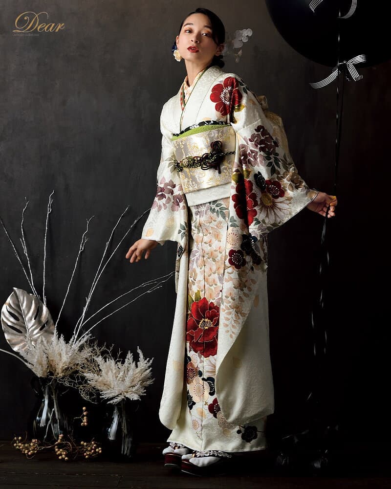 〔成人式 振袖 レンタル〕RS1957 正絹 淡クリーム 牡丹と藤花 Dear フルセット 往復送料無料 /女性和服/結婚式 和服 着物セット/小物 セット 振り袖 【レンタル】 thumbnail 2