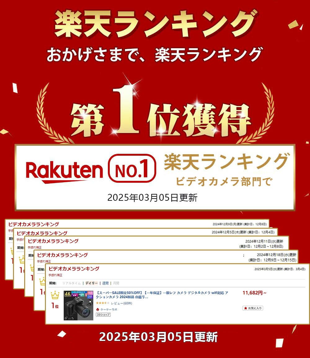 【Point×10★10/4 20:00~★楽天5冠達成★1年保証】一眼レフ カメラ デジタルカメラ wifi アクションカメラ 自撮り 一眼レフ ビデオカメラ 4K 6400万画素 IRナイトビジョン HDMI出力 電子手ブレ補正 F=2.7大絞り 16倍 初心者 入学 父の日プレゼント thumbnail 2