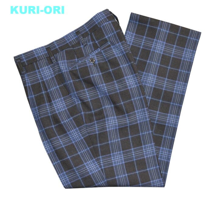夏制服スラックス【グレー×ブルーチェック】ウエスト73・76・79・82cm【日本製】　ツータックスリム　ウォッシャブル 夏制服ズボン チェックパンツ 男女兼用 式服 自由制服 KURI-ORI【クリオリ】SKRB66S2【学校生活応援品】