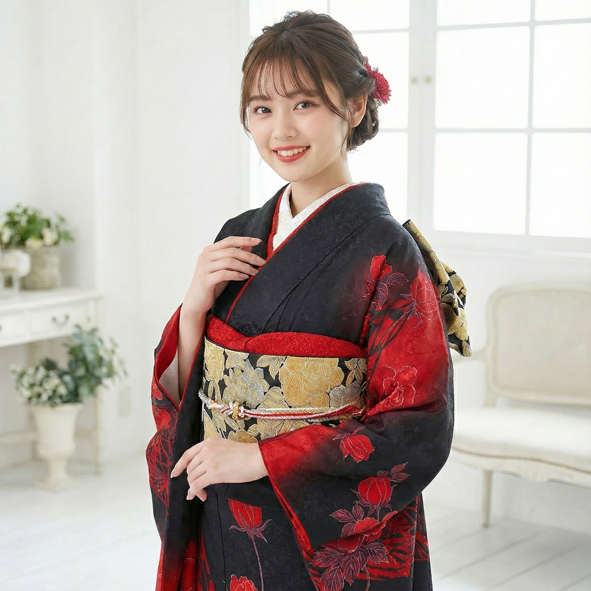 【お買い物マラソン限定クーポンで10%OFF!!】【レンタル】 振袖 フルセット【往復送料無料!】成人式 結婚式 貸衣装【黒/ブラック/Black系】【No.087】【適応身長：150-165cm位】 前撮り 卒業式 十三参り お見合い 結納 振袖セット 袴 帯 草履バッグ thumbnail 3