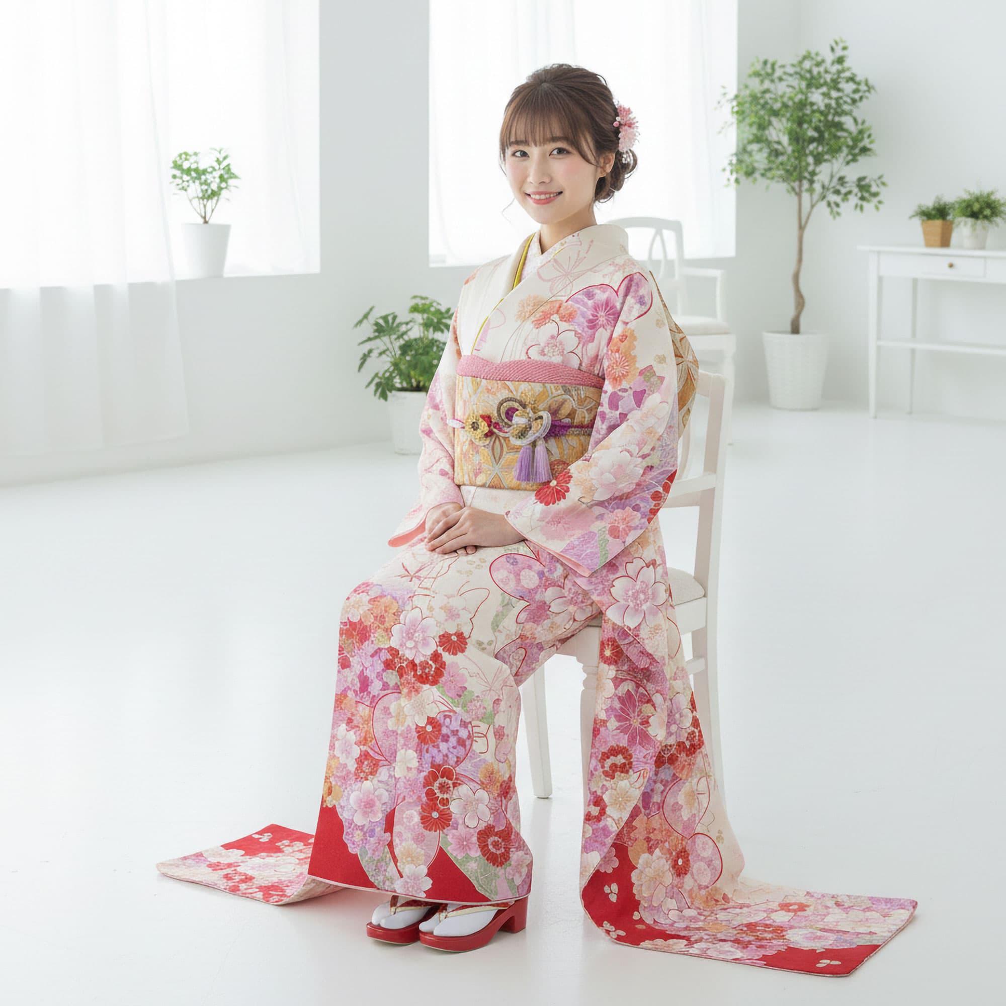 【お買い物マラソン ＼20%OFF／クーポン配布中!】【レンタル】 振袖 フルセット【往復送料無料!】成人式・結婚式・ふりそで 前撮り 貸衣装 着物 フリーサイズ【白 赤】古典【No.974】 卒業式 十三参り お見合い 結納 振袖セット 袴 帯 草履バッグ 半襟 伊達衿 レデ thumbnail 3