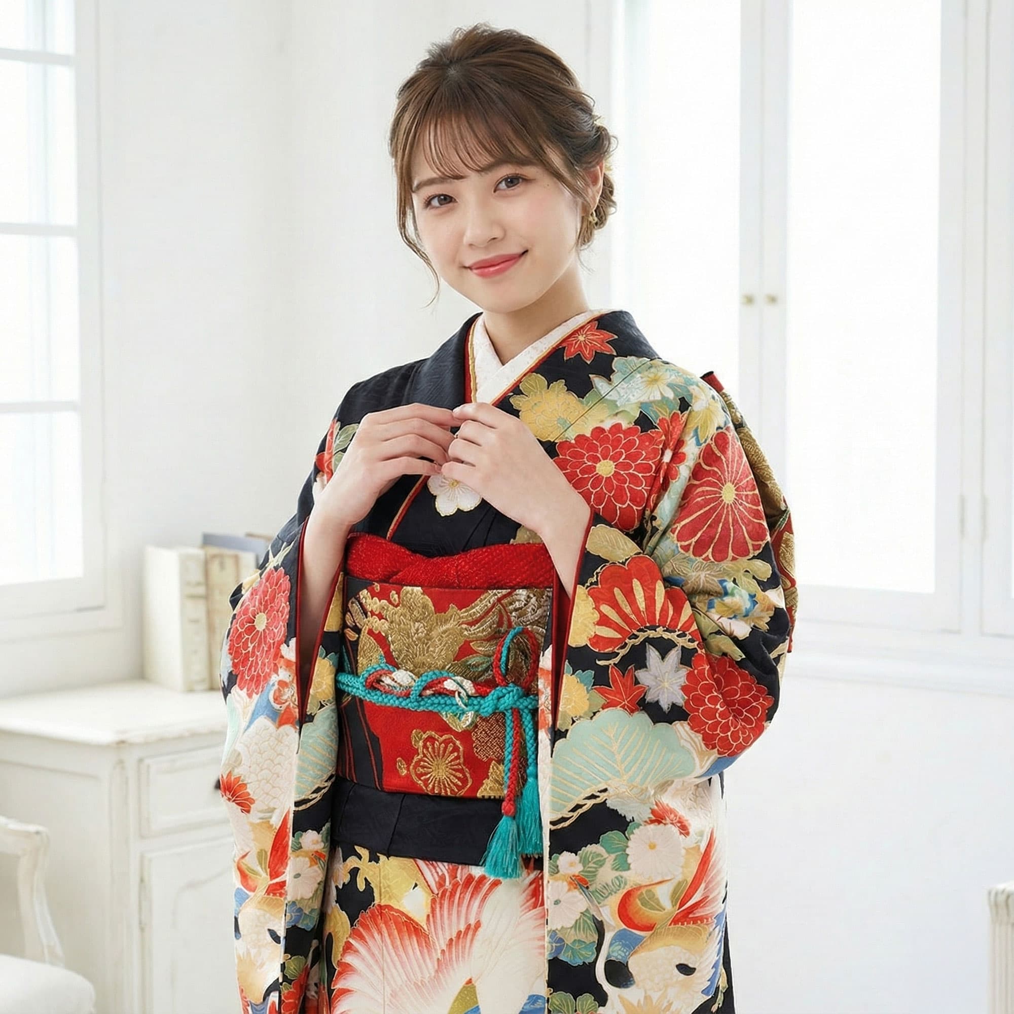 【お買い物マラソン限定クーポンで10%OFF!!】【レンタル】 振袖 フルセット 【JAPAN STYLE /ブランド】【往復送料無料!】成人式 結婚式 貸衣装【No.1301】【レトロ 古典 黒 ブラック 系】 前撮り 卒業式 十三参り お見合い 結納 振袖セット 袴 帯 thumbnail 3
