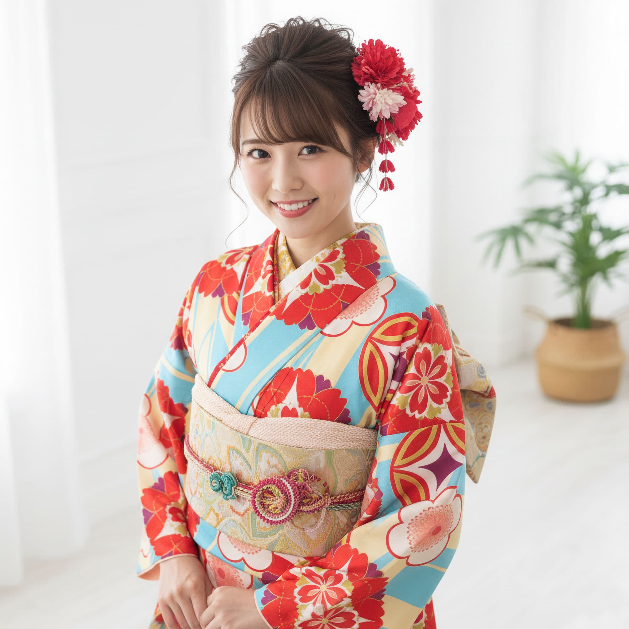 【お買い物マラソン限定クーポンで10%OFF!!】【レンタル】 振袖 フルセット【往復送料無料!】成人式・結婚式・ふりそで 前撮り 貸衣装 着物 フリーサイズ 古典【青 オレンジ 白】【No.1409】 卒業式 十三参り お見合い 結納 振袖セット 袴 帯 草履バッグ 半襟 thumbnail 2