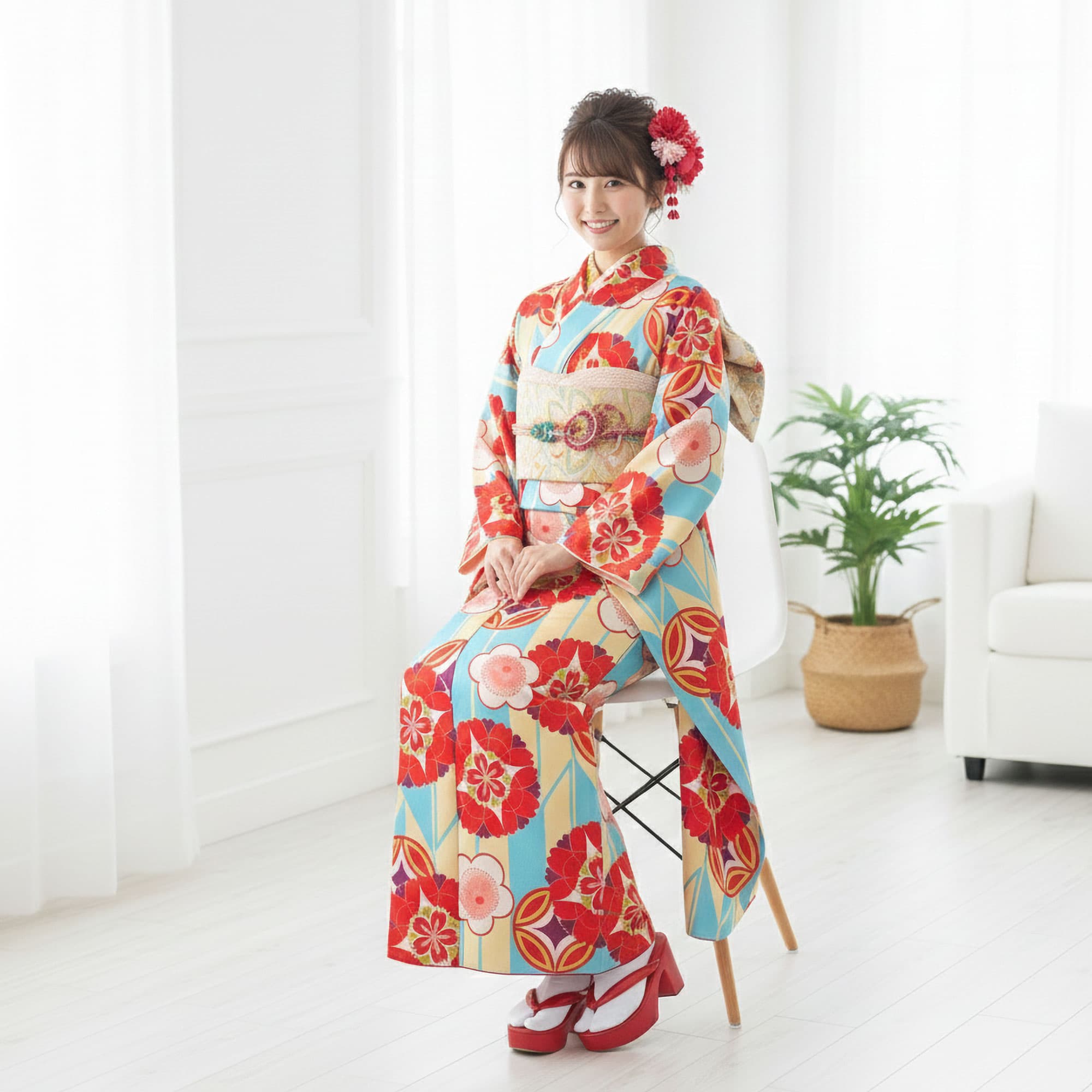 【お買い物マラソン限定クーポンで10%OFF!!】【レンタル】 振袖 フルセット【往復送料無料!】成人式・結婚式・ふりそで 前撮り 貸衣装 着物 フリーサイズ 古典【青 オレンジ 白】【No.1409】 卒業式 十三参り お見合い 結納 振袖セット 袴 帯 草履バッグ 半襟 thumbnail 3