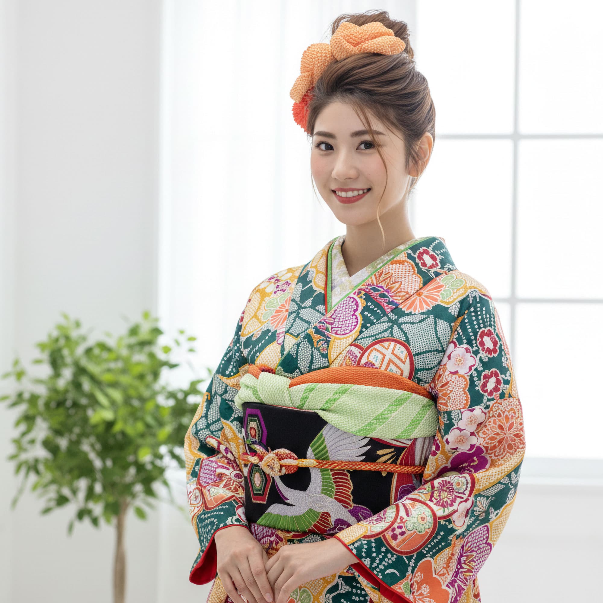【お買い物マラソン ＼20%OFF／クーポン配布中!】【レンタル】 振袖 貸衣装 フルセット 画像の帯がセット 和遊日【往復送料無料!】成人式・結婚式・ふりそで!【No.1477】緑 鹿の子 古典 ねじり梅 前撮り 卒業式 十三参り お見合い 結納 振袖セット 袴 草履バッグ thumbnail 2