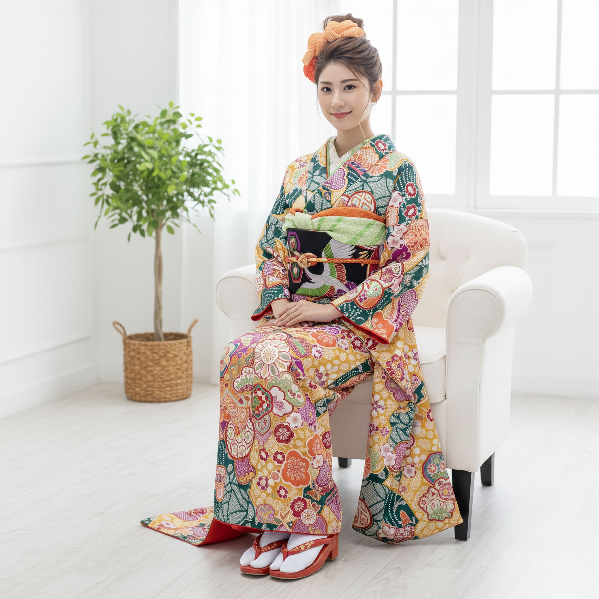 【お買い物マラソン ＼20%OFF／クーポン配布中!】【レンタル】 振袖 貸衣装 フルセット 画像の帯がセット 和遊日【往復送料無料!】成人式・結婚式・ふりそで!【No.1477】緑 鹿の子 古典 ねじり梅 前撮り 卒業式 十三参り お見合い 結納 振袖セット 袴 草履バッグ thumbnail 3
