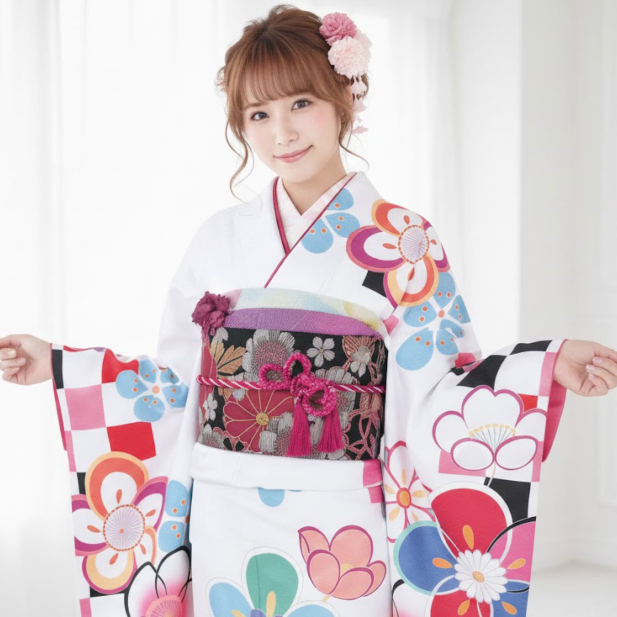 【お買い物マラソン ＼20%OFF／クーポン配布中!】【レンタル】 振袖 貸衣装 フルセット 画像の帯がセット HL アッシュ・エル【往復送料無料!】成人式・結婚式・ふりそで【No.1507】白 市松 梅 前撮り 卒業式 十三参り お見合い 結納 振袖セット 袴 草履バッグ 半 thumbnail 2
