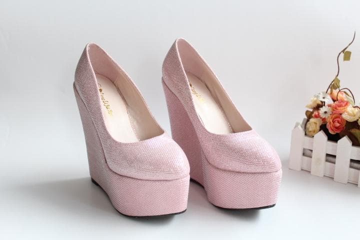 レディース ファッション ウェディング パーティ シューズ ブライダル ウェッジヒール 15cm パンプス 大きいサイズ シルバー バックル シングル 個性 魅惑的 カジュアル エレガント