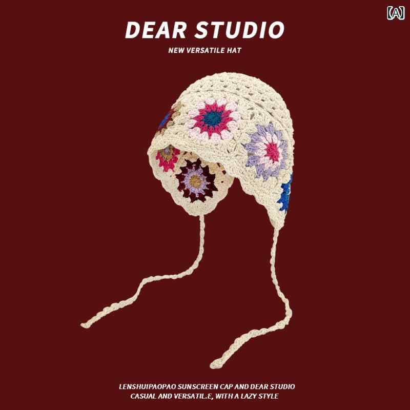 帽子 レディース 韓国 カラフル エスニック かぎ針編み ニット プルオーバー レトロ タッセル レースアップ おしゃれ 民族風