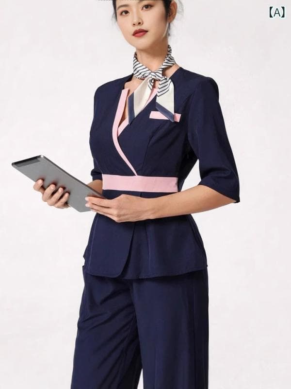 セットアップ レディース 春夏 五分袖 スリムフィット 細身 オフィス 事務服 医療ユニフォーム 制服 ワークウェア ポリエステル 防汚加工 ネイビー 上品