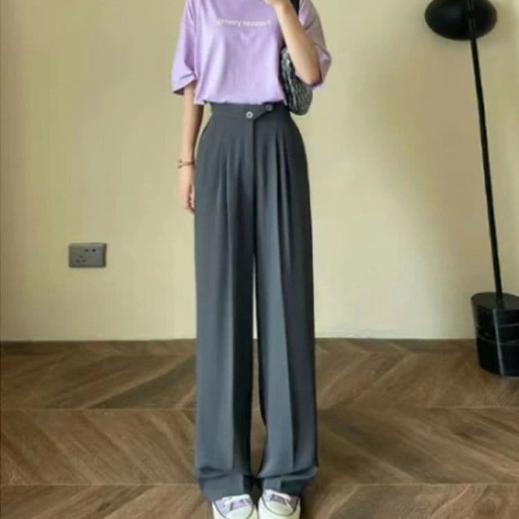 体型カバー スラックス レディース ワイドパンツ パンツ しゃり感 ボトムス カラーパンツ 大きいサイズ ズボン パンツ 夏 ハイウエスト 春 タック 秋 黒 きれいめ ストレートパンツ 無地 カジュアル おしゃれ ロング thumbnail 2