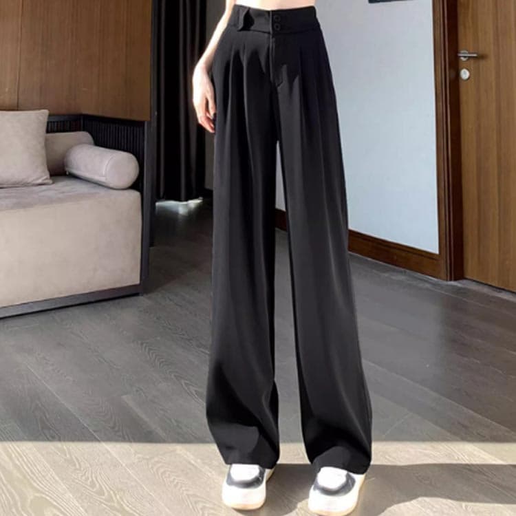 涼感 薄手 ストレートパンツ タック ボトムス レディース 脚長 美脚 カラーパンツ ボタン ハイウエスト しゃり感 ロング スラックス パンツ 春夏 大きいサイズ 体型カバー テーパードパンツ ポケット付き ワイドパンツ thumbnail 2