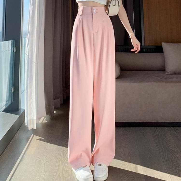 涼感 薄手 ストレートパンツ タック ボトムス レディース 脚長 美脚 カラーパンツ ボタン ハイウエスト しゃり感 ロング スラックス パンツ 春夏 大きいサイズ 体型カバー テーパードパンツ ポケット付き ワイドパンツ thumbnail 3