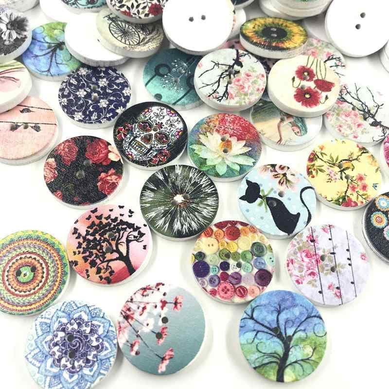 パッチワーク クラフト 材料 DIY 100個 / パック 15 20 25 mm 塗装 丸型 木製 ボタン プリント Tシャツ ジーンズ DIY アクセサリー