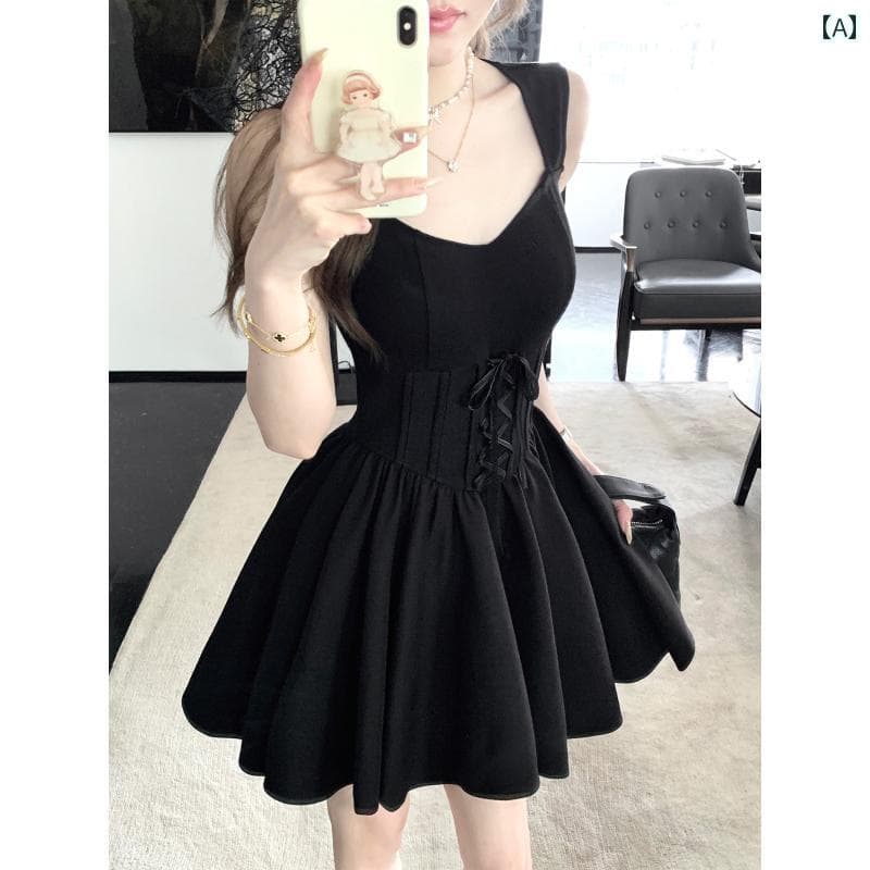 黒ドレス 大人かっこいい レディース Q 女性 ホーム ローマの 小さい 黒い ドレス / フランスの ベスト 夏の 小柄な 高級 ウエスト スカート