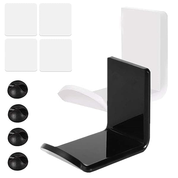 ヘッドホン ホルダー ユニバーサル 粘着フック パソコン ヘッドセット 壁掛けフック アクリル 壁掛けタイプ イヤホン スタンド 卓上 モニター ホルダー ケーブル収納 ホームオフィスでの使用 (黒+白) 2個セット