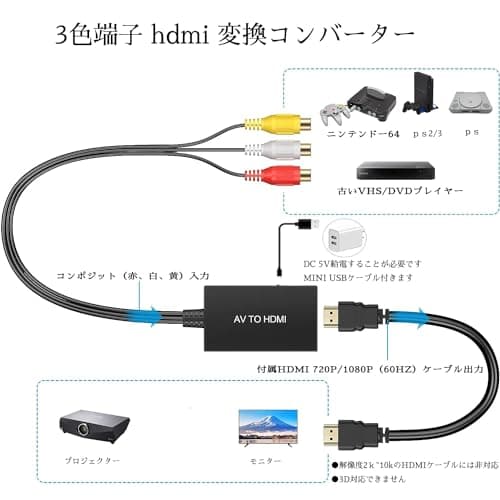 RCA HDMI 変換コンバーター AVコンポジット to hdmi変換アダプター 3色端子 hdmi 変換コンバータ 古いゲーム機 (XBOX PS1 PS2 SNES Wii N64) 古いレコーダー(DVD VCR VHS)など機器の3色コードからHDMI 変換 720P / 1080P[MINI USBケーブル&HDMIケーブル付き] ... thumbnail 2