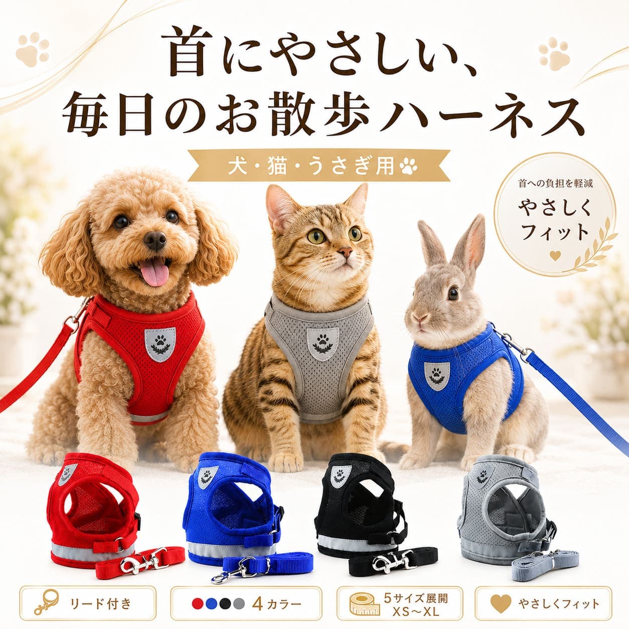 【楽天5冠1位 ドッグトレーナー監修 5サイズ】 犬 猫 ウサギ 用 ペット ハーネス 選べる4色各5サイズ ペットハーネス リード 服 小型犬 中型犬 大型犬 ミニチュアダックス 犬 ハーネス ベスト 送料無料
