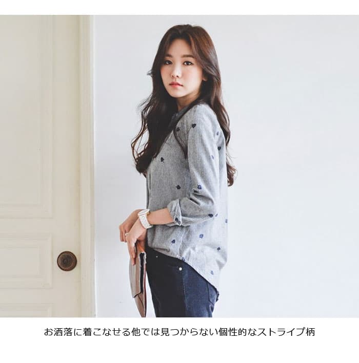 刺繍トップス シャツ レディース 女性 長袖シャツ カジュアルシャツ ストライプシャツ レディースファッション トップス スタンドカラー カレッジ風 刺繍 文芸 かわいい 無地 シンプル ゆったり 送料無料 thumbnail 3